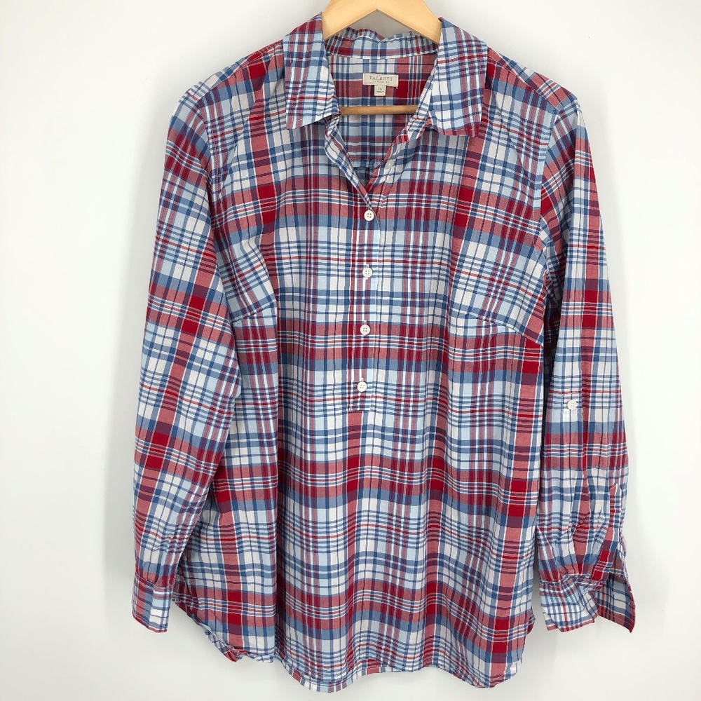 Talbots Womens Henley Top Size 1X Plaid Red Blue Popover‎ 100% Cotton Casual